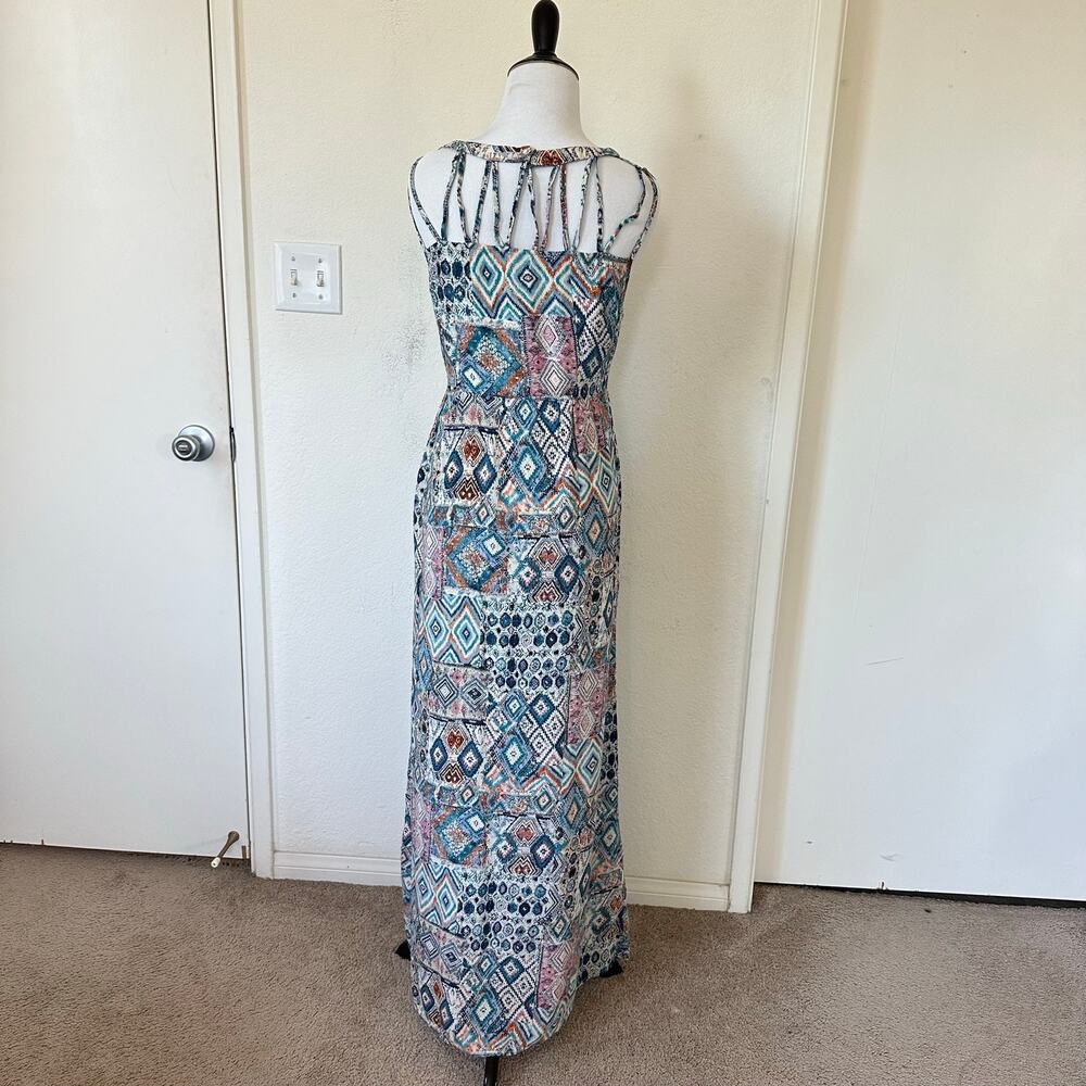 Desert Boho Aztec Maxi Dress Cutout Back Sleeveless Festival Size M Goddess - Picture 3 of 9